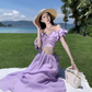 Super fairy long skirt with small flying sleeves white waist-baring dress holiday beach skirt R1607