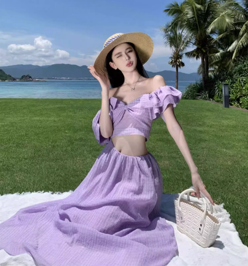 Super fairy long skirt with small flying sleeves white waist-baring dress holiday beach skirt R1607