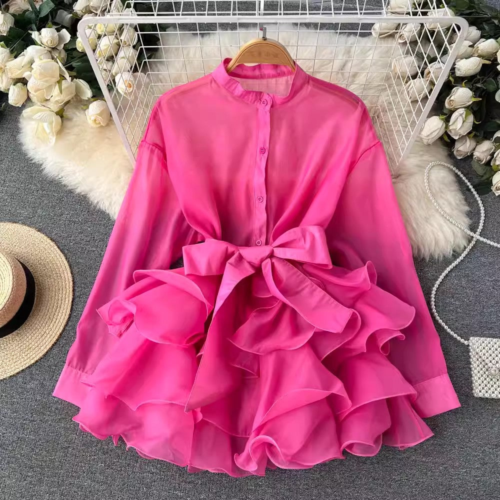 Chiffon Chic Top Women's New Ruffled Design Bow Shirt    S4501