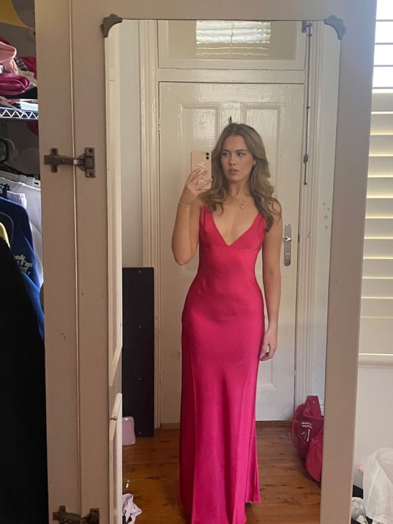 Deep V Neck Hot Pink Long Prom Dresses    S5132