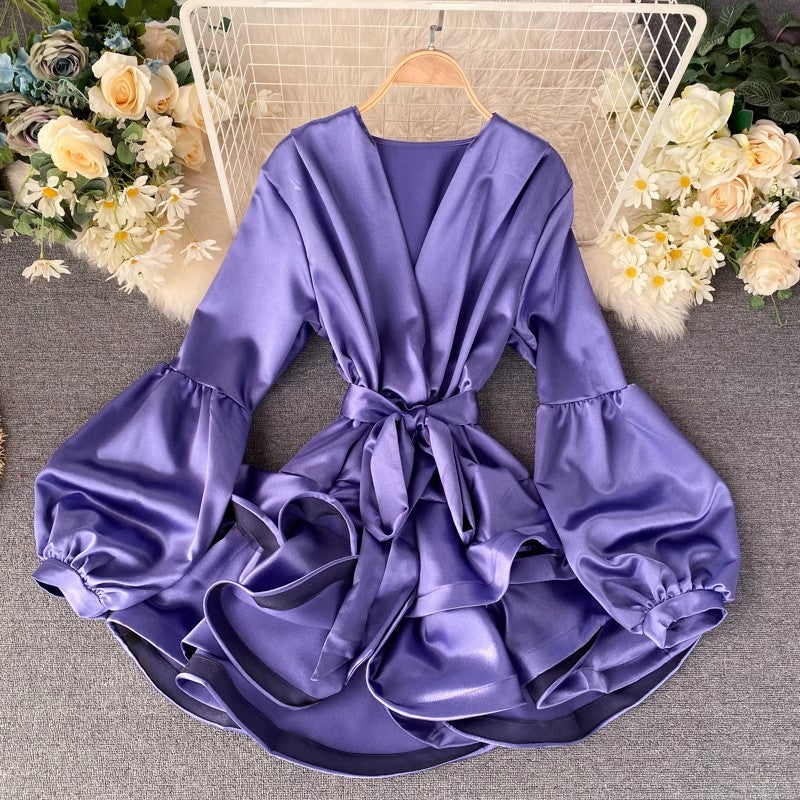 trendy women's satin lantern sleeves ruffle dress      S4520