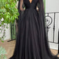 Elegant Black Deep V Neck Tulle Maxi Cocktail Evening Party Dress Front Slit Ruffle Sleeves     S4956
