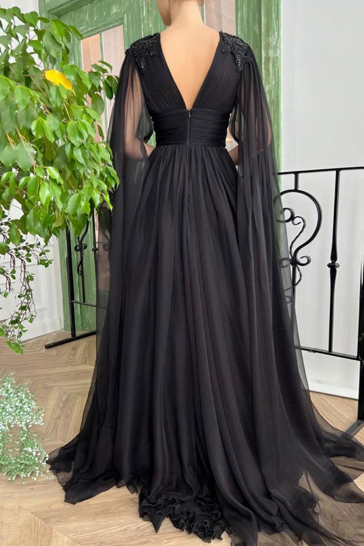 Elegant Black Deep V Neck Tulle Maxi Cocktail Evening Party Dress Front Slit Ruffle Sleeves     S4956