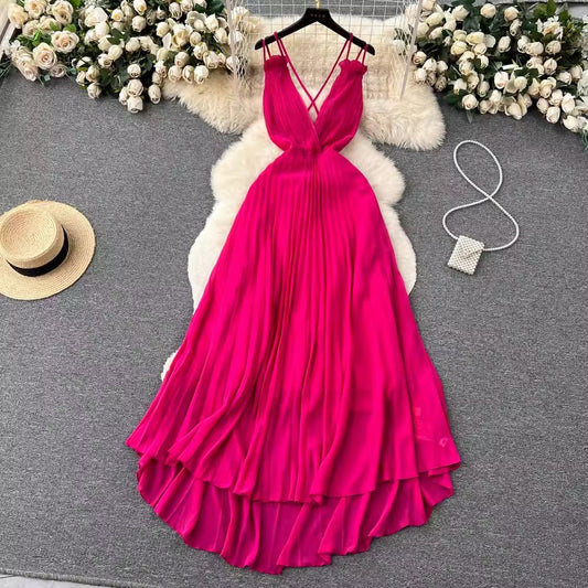 Sexy dress for women pleated deep v-neck backless design suspender long skirt       S4590