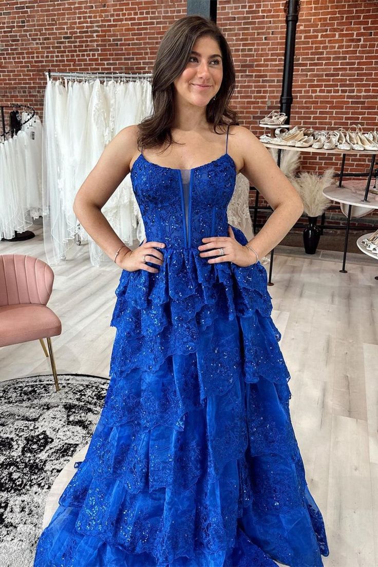 V Neck Layered Blue Lace Long Prom Dress, Blue Lace Formal Dress, Long Blue Evening Dress      S4814