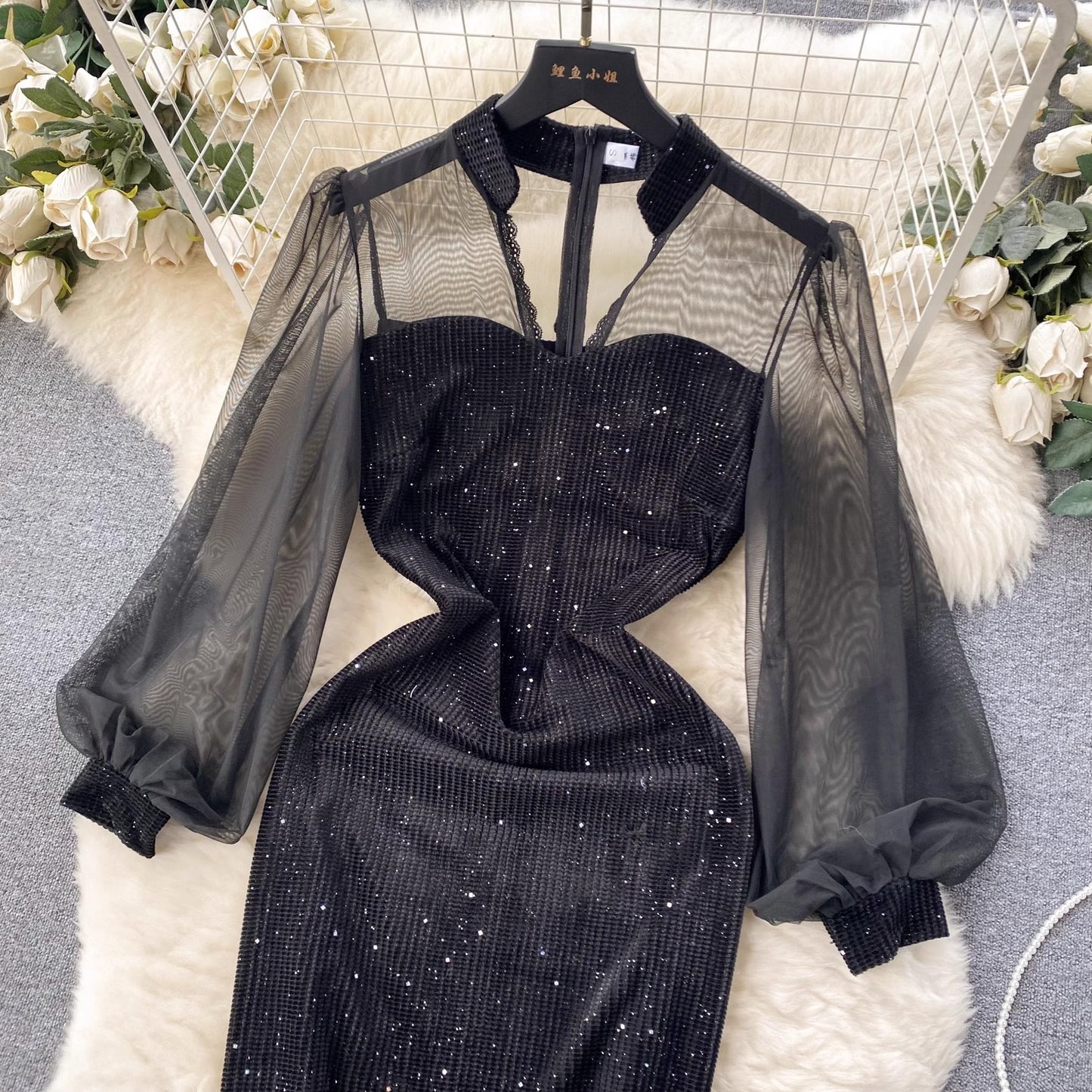 see-through mesh sequin dress women's black dress     S4650
