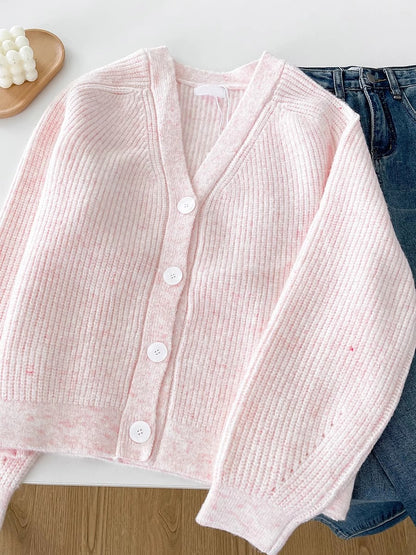 Sweet pink V-neck cardigan jacket long-sleeved sweater top     S4714
