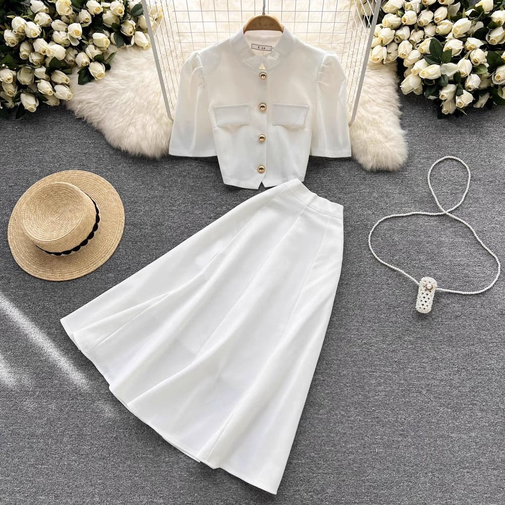 women's short-sleeved top mid-length skirt two-piece set     S4570