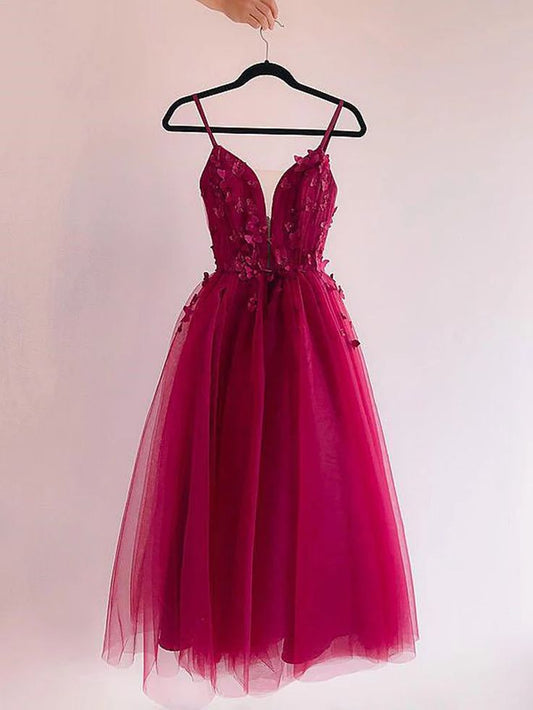 Burgundy Prom Dresses With Lace Appliques, Burgundy Lace Homecoming Dresses       S5075