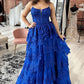 V Neck Layered Blue Lace Long Prom Dress, Blue Lace Formal Dress, Long Blue Evening Dress      S4814