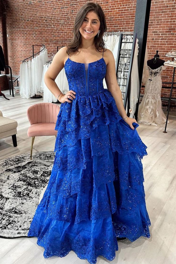 V Neck Layered Blue Lace Long Prom Dress, Blue Lace Formal Dress, Long Blue Evening Dress      S4814