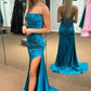 Teal Strapless Lace-Up Ruched Mermaid Long Formal Dress with Slit       S5185
