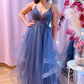 Blue Deep V Neck Beaded Appliques Multi-Layers Long Prom Dress    S4812