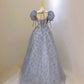 Tulle Lace Long Prom Dress, Beautiful Short Sleeve Evening Dress     S5363