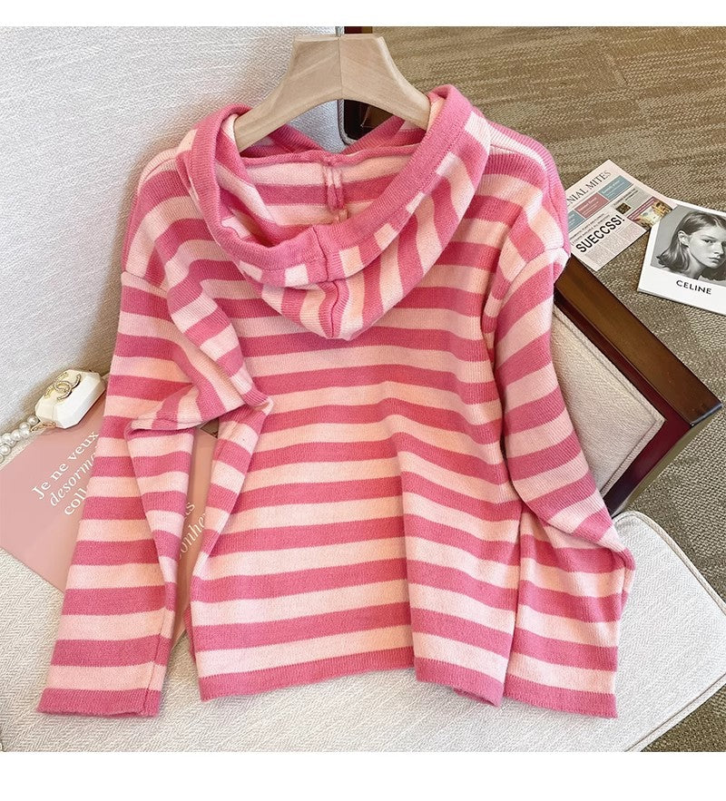 Pink striped sweater jacket for women      S4823