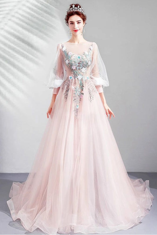 Light Pink Long Sleeves Tulle Prom Dress Princess Evening Gown with Lace     S5145