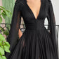 Elegant Black Deep V Neck Tulle Maxi Cocktail Evening Party Dress Front Slit Ruffle Sleeves     S4956