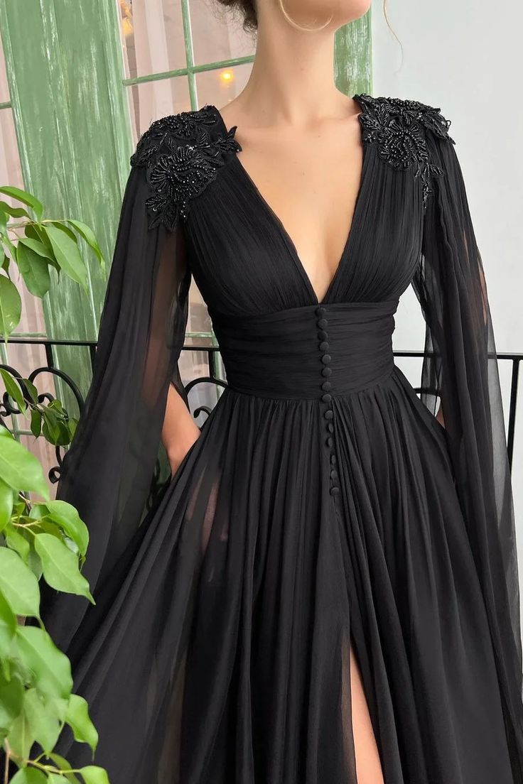 Elegant Black Deep V Neck Tulle Maxi Cocktail Evening Party Dress Front Slit Ruffle Sleeves     S4956