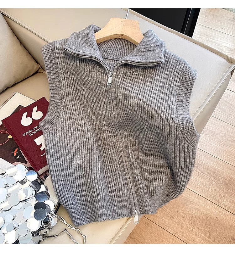 Retro stand-up collar knitted vest for women new design simple zipper sweater vest trendy      S5006