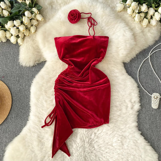 Christmas party skirt strapless irregular velvet dress      S4616