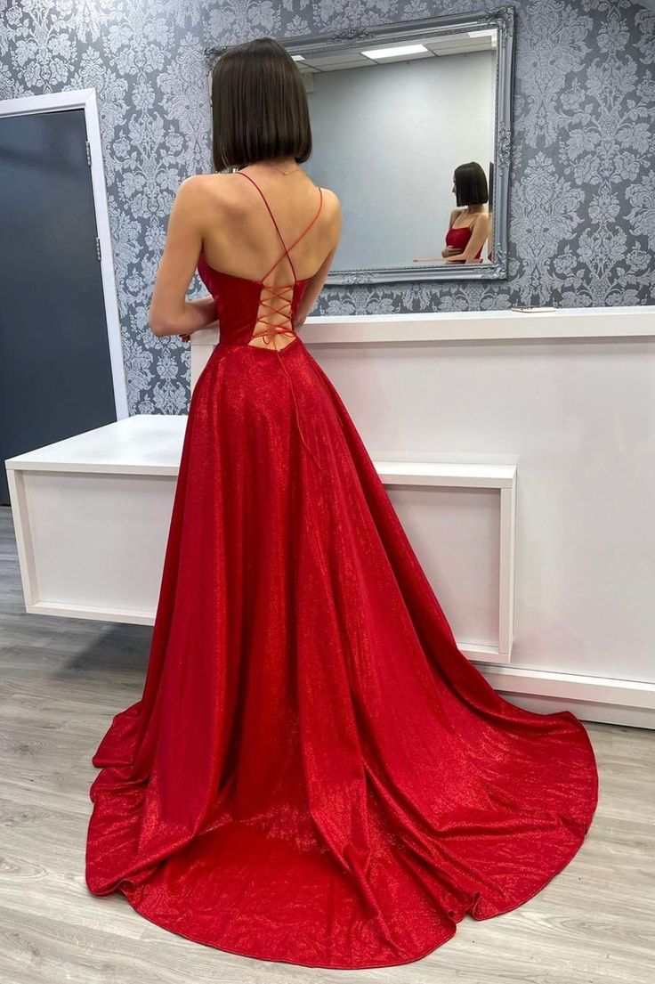 Satin Long A-Line Prom Dress, Backless Evening Dress with Slit     S4985