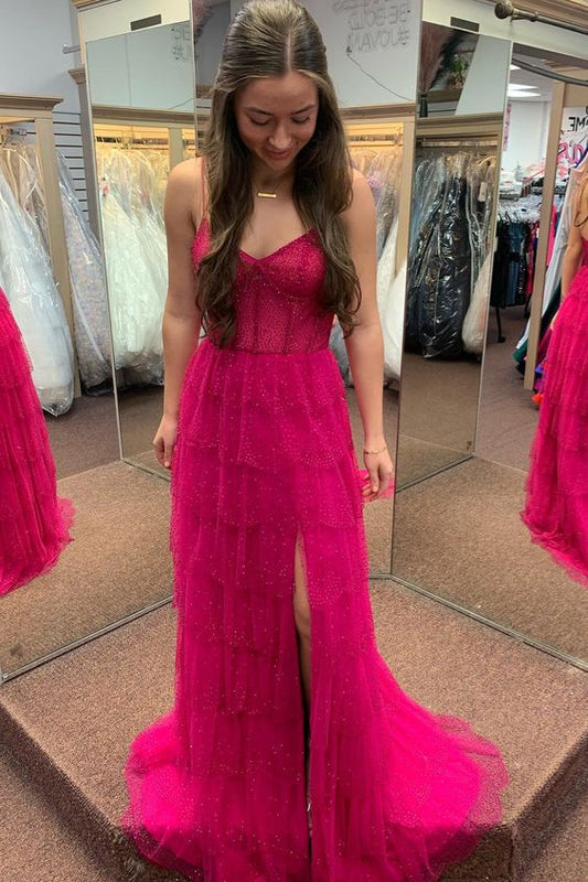 Fuchsia Beaded Layers Spaghetti Straps Long Prom Dress     S5140