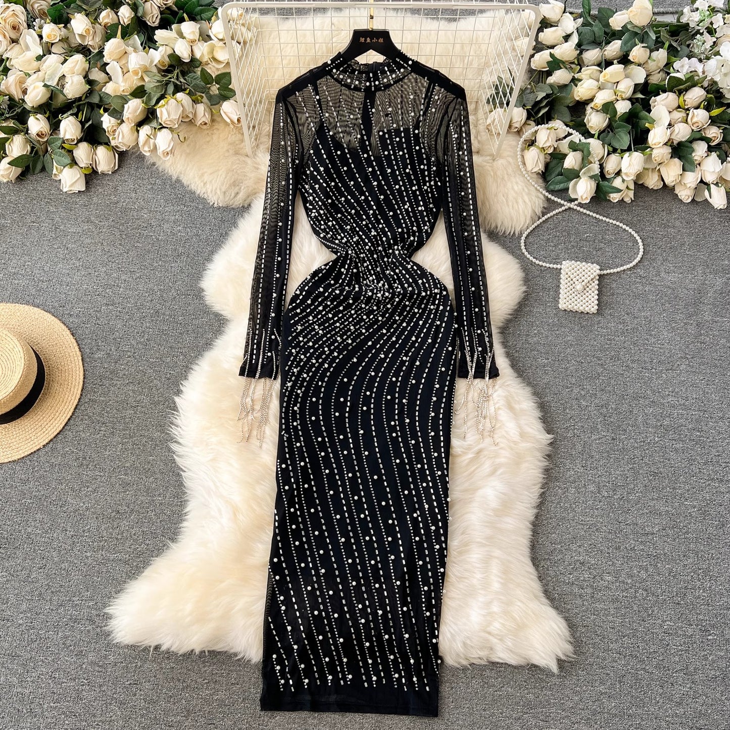 outfits for women beading rhinestones mesh see-through dress with suspender skirt      S4596