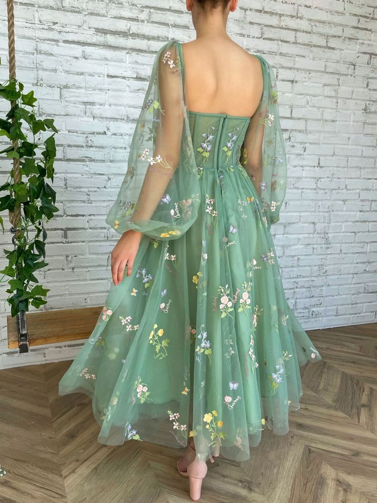 Elegant Long Sleeves Tulle Tea Length Puffy Prom Dress, Bridesmaid Dresses   S4811