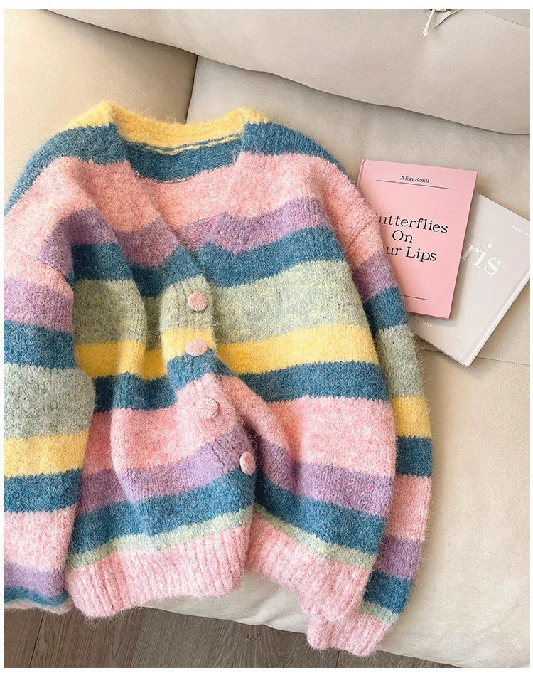 Candy color V-neck rainbow sweater jacket for women knitted cardigan      S4907