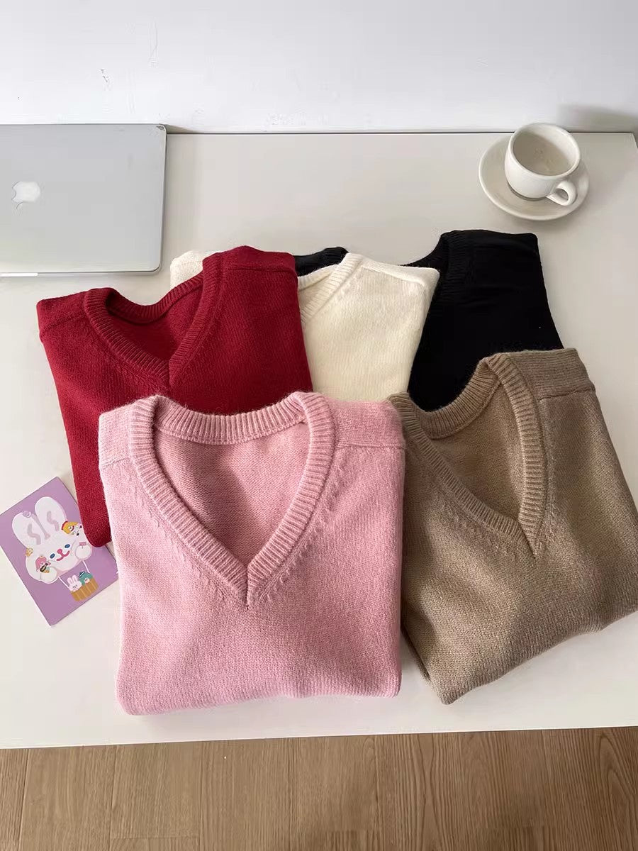 solid color V-neck long-sleeved sweater     S4733