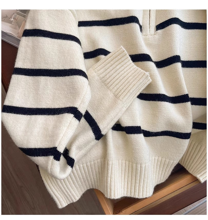 New striped sweater for women chic half zipper knitted top     S4885