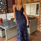 Navy Blue Mermaid Tulle And Sequins Long Formal Prom Dress With V Neckline And Lace Up Back     S5233