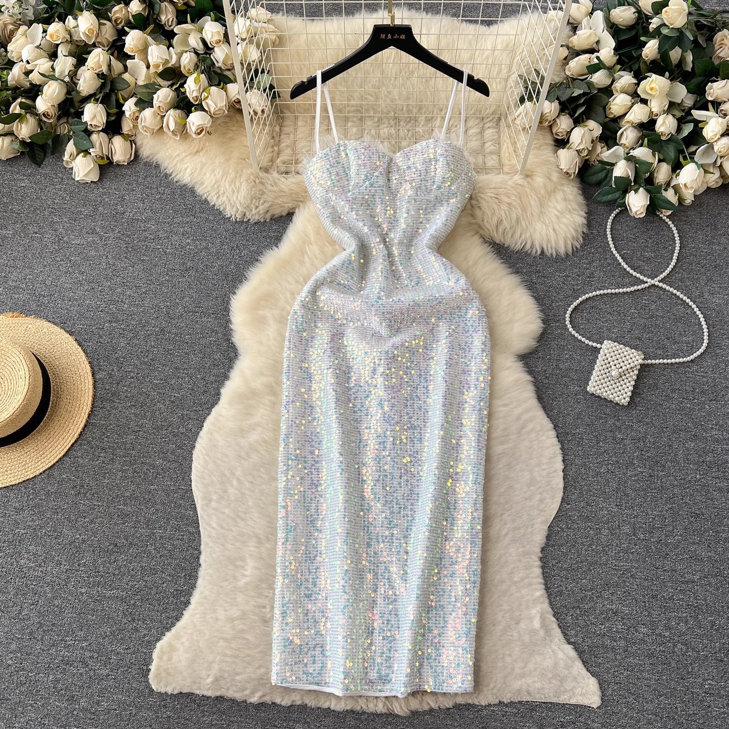 Luxurious suspender dress for women sparkling sequin design chic long skirt      S4618