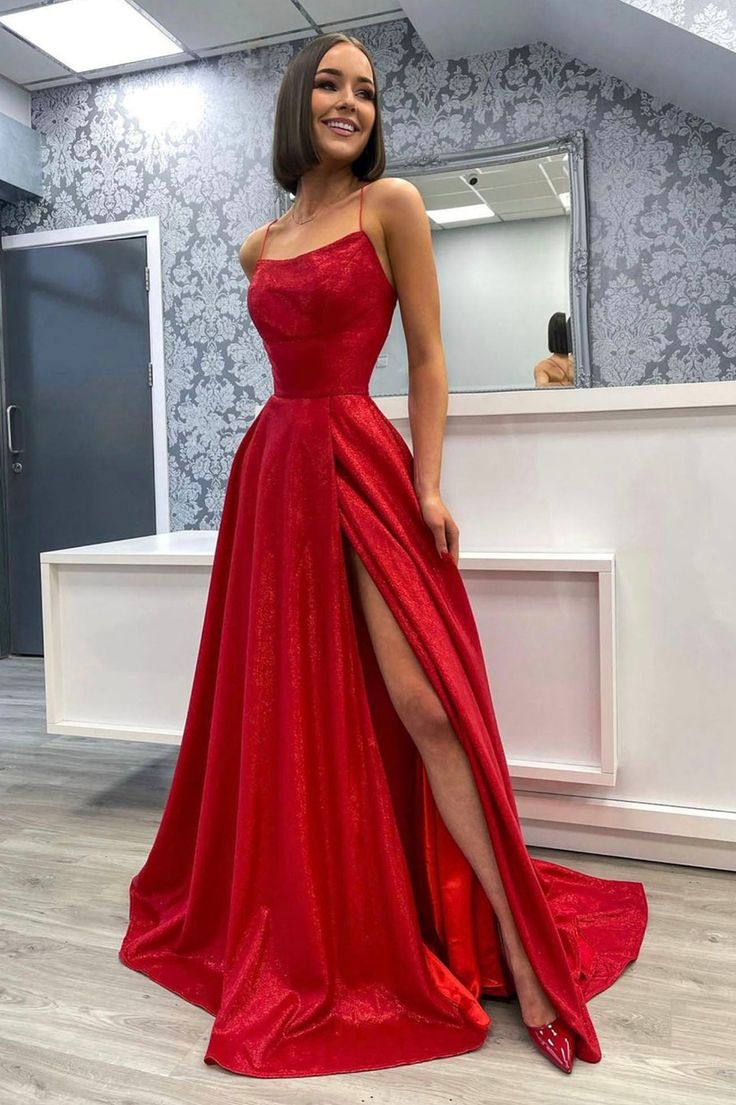 Satin Long A-Line Prom Dress, Backless Evening Dress with Slit     S4985