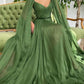 A line v neck chiffon green long prom dress, green long evening dress     S4953