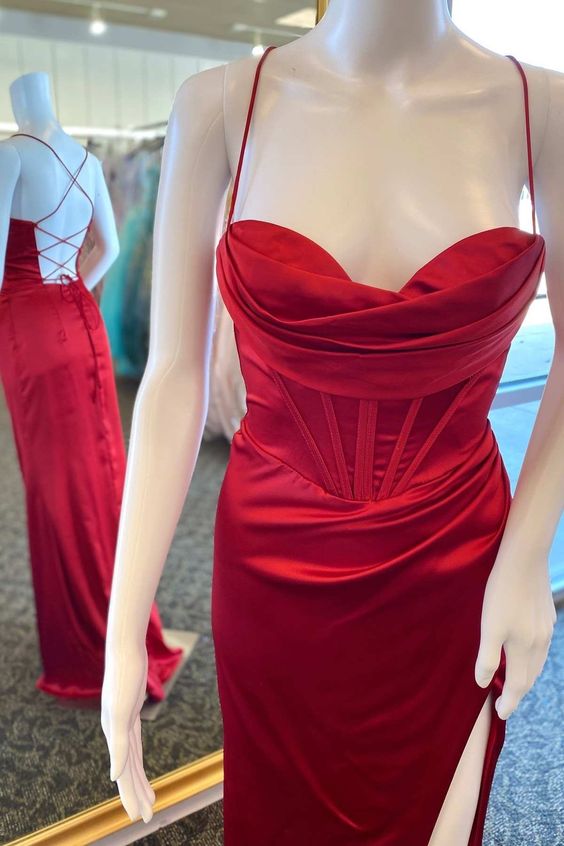 Red Cowl Neck Lace-Up Back Long Prom Dress with Slit     S4999