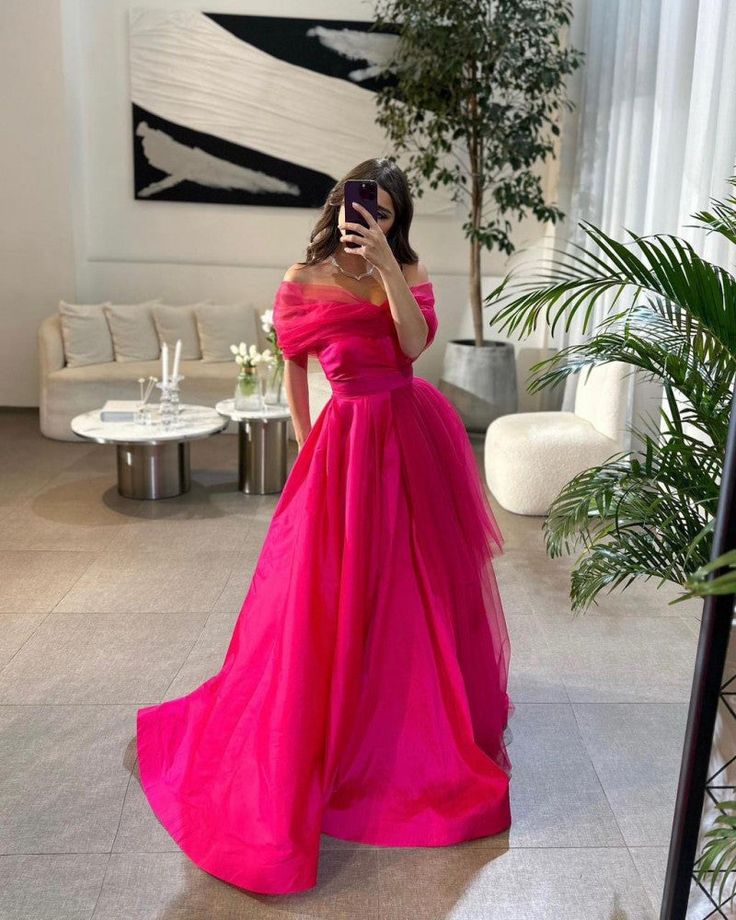 Off the Shoulder Hot Pink A-Line Evening Prom Dress       S5250