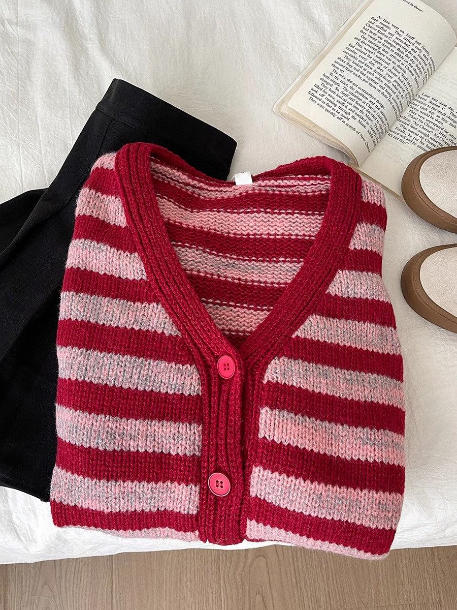 Sweet V-neck striped sweater coat long-sleeved knitted cardigan   S4769