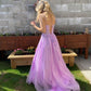 Purple prom dress tulle prom gown with lace appliqué     S5209