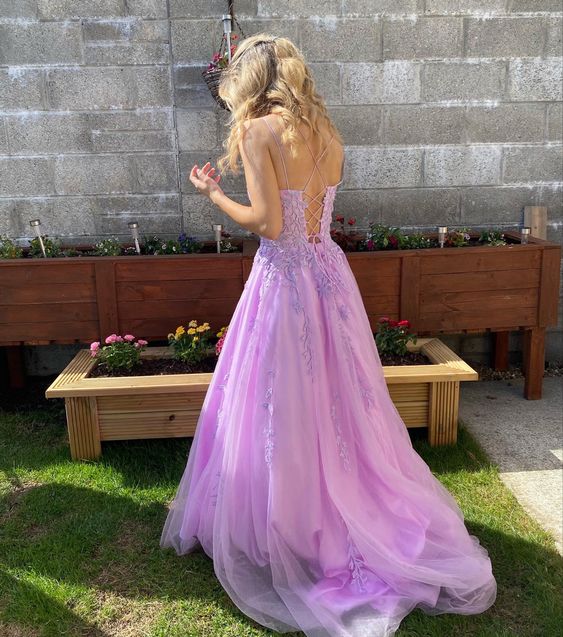 Purple prom dress tulle prom gown with lace appliqué     S5209