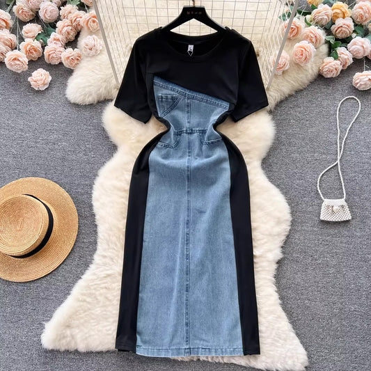 French retro short-sleeved denim dress women's chic casual long skirt   S4531