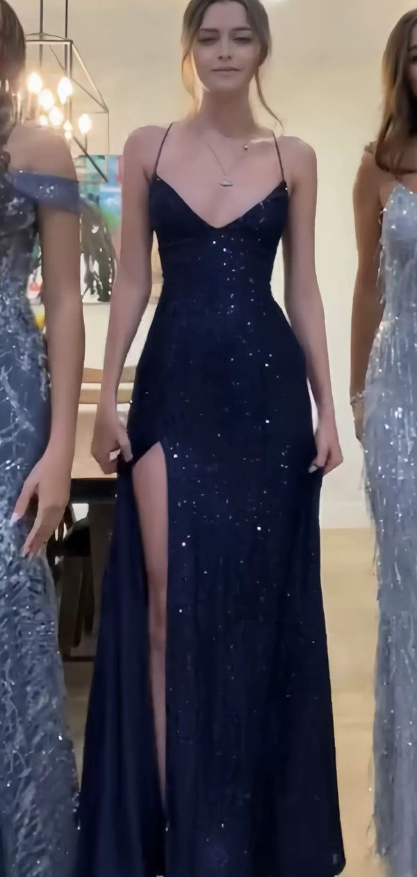 Sparkly Navy Blue Sequins Mermaid V-neck Long Evening Prom Dresses     S5207