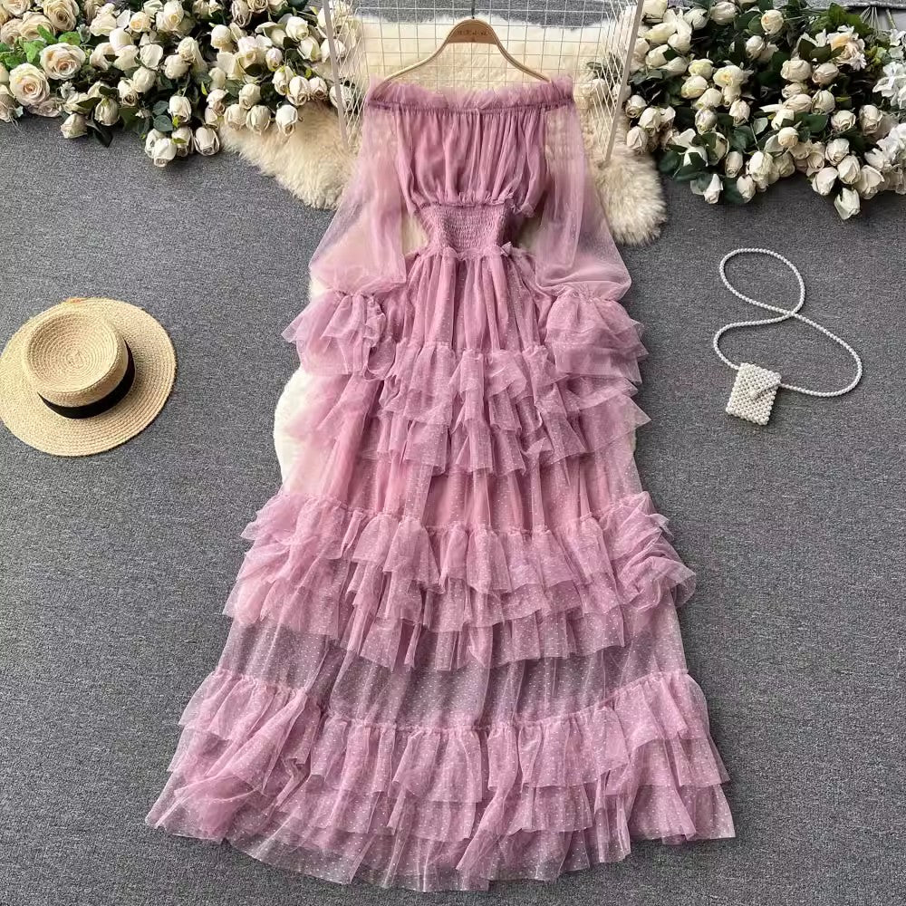 ruffled mesh cake dress for women elegant long skirt     S4557