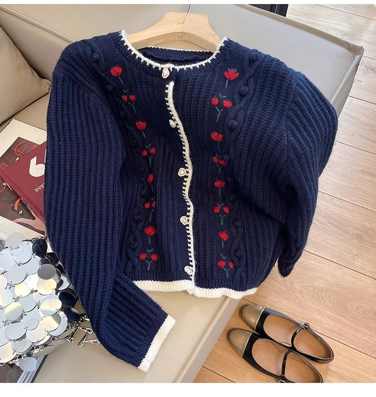 embroidered round neck knitted cardigan for women  long-sleeved sweater jacket    S4828