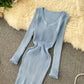 Dress women's new simple solid color long-sleeved tight knitted mid-length skirt   S4530