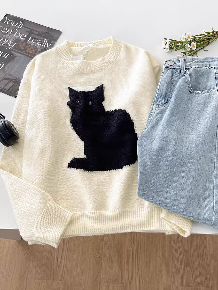 cartoon cat casual and fashionable round neck sweater    S4739