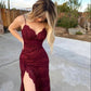 Burgundy Long Mermaid Prom Dresses Leg Split Formal Evening Dress    S5200