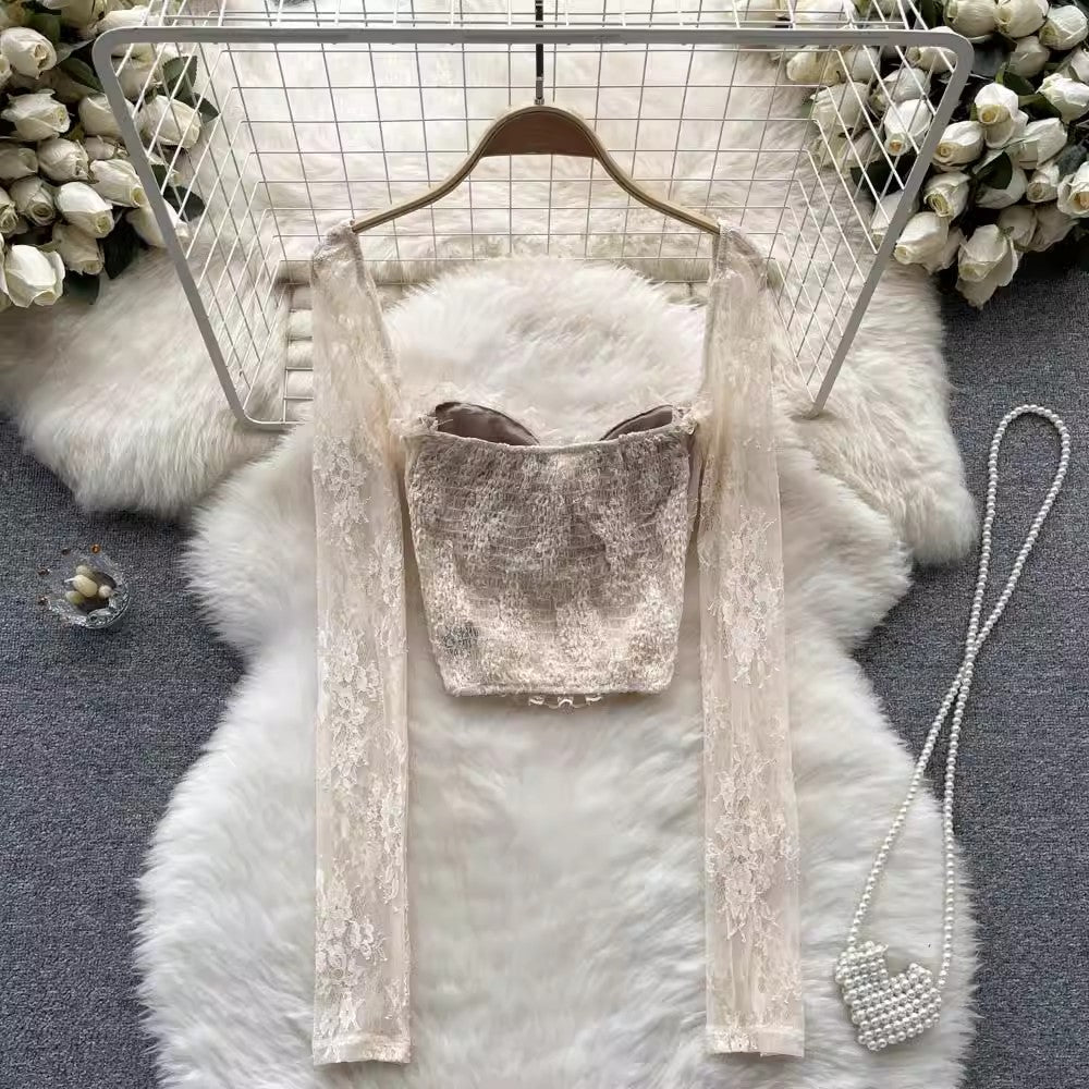new long-sleeved lace embroidery square collar short  lace shirt for women sweet top      S4645