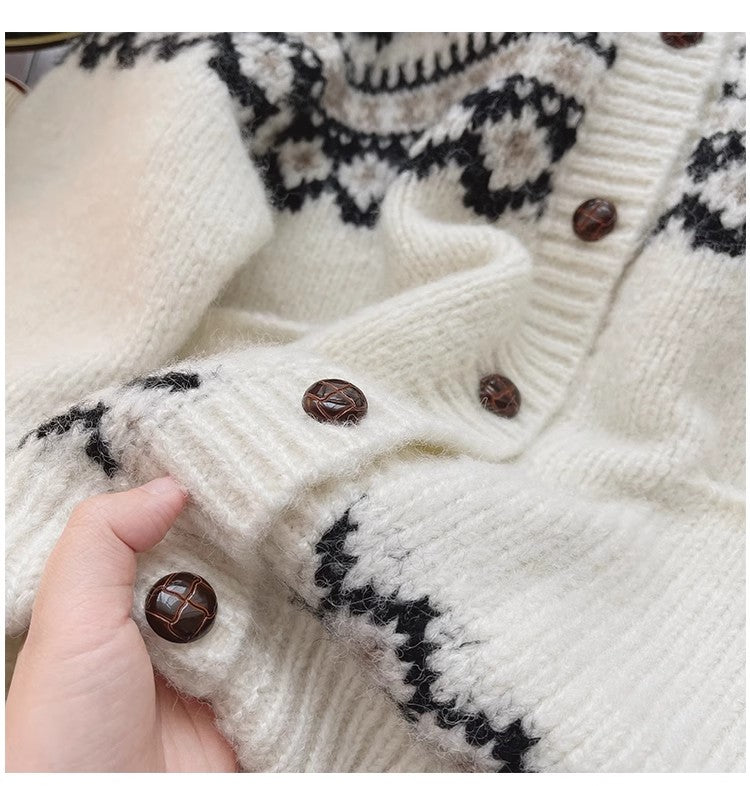 Vintage-style round-neck sweater jacket for women jacquard long-sleeved knitted cardigan        S4796