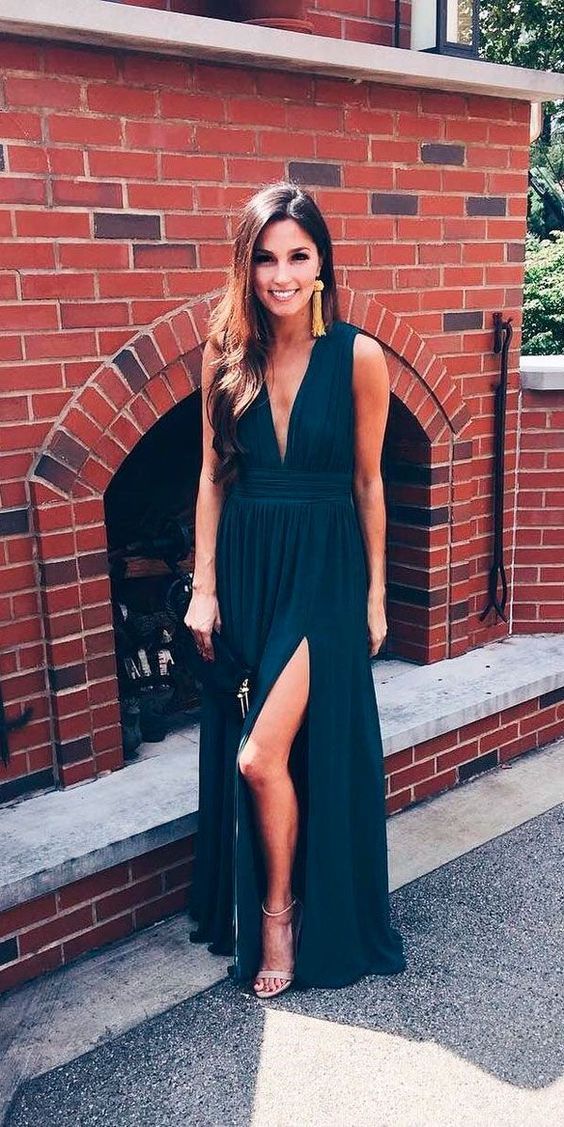 Stylish A-Line Deep V Neck Navy Blue Chiffon Long Prom Dresses With Side Split      S5131